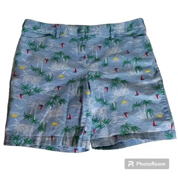 Lands End‎ Blue Yellow Green White Sailboat Nautical Palm Tree Shorts - Picture 1 of 10